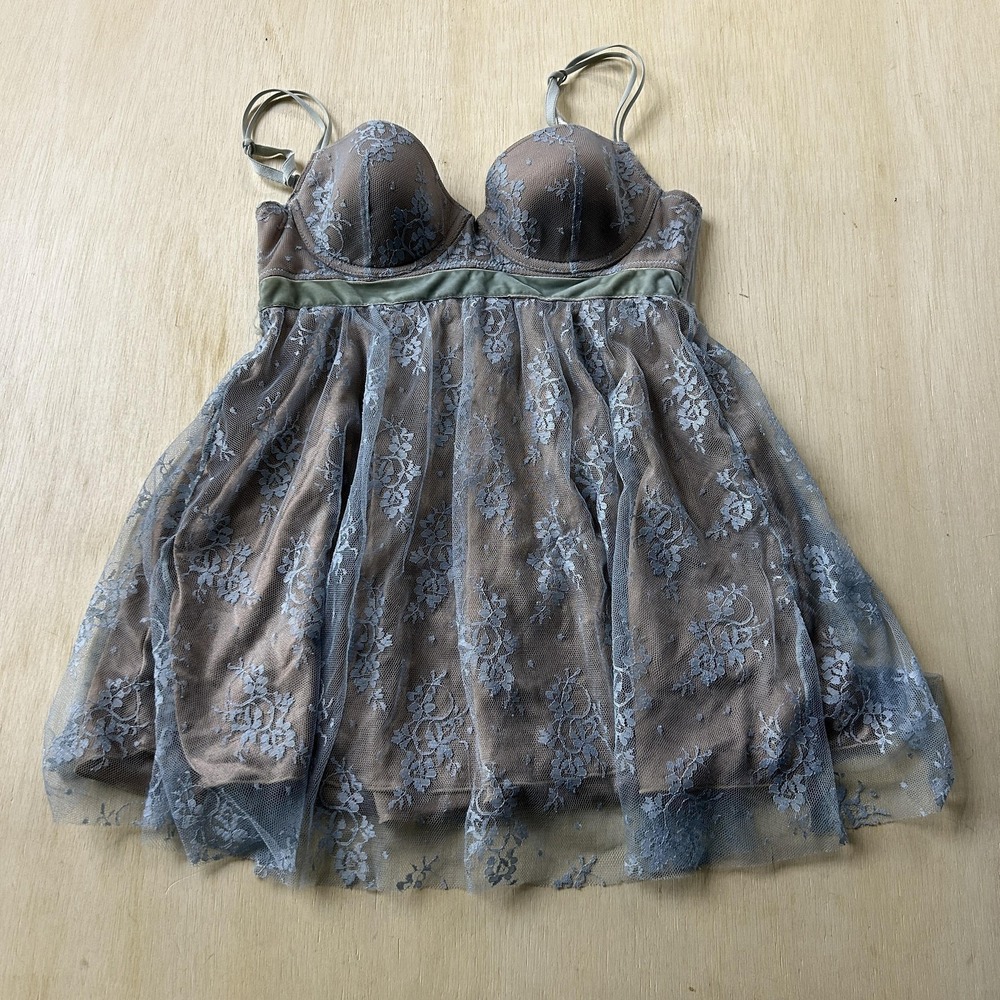 Vintage Y2K Babydoll Sheer Top Womens Medium Gray Floral Lace Chemise Sleepwear